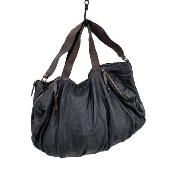 BCBGMAXAZRIA Black Leather Duffle Bag Travel Overnight Gym Weekend Tote Pockets - Picture 2 of 16
